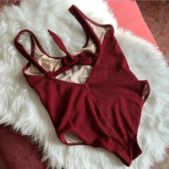 Dark Red Kona Sol Bathing Suit/ Swimsuit One-Piece size XL ribbed with bow - Picture 8 of 10